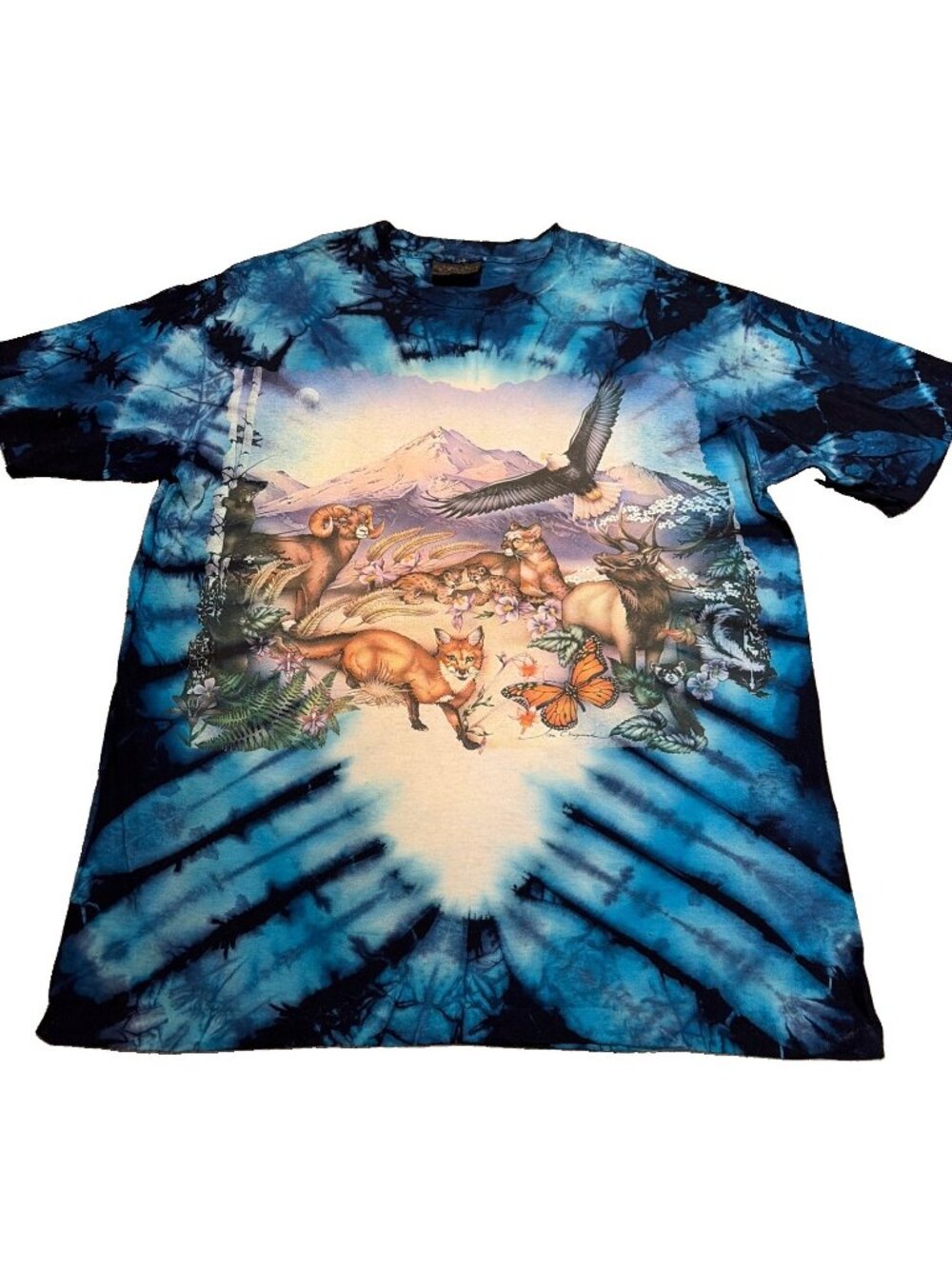 Vtg 90s Lisa Chapman Graphics Wildlife Shirt XL Tie Dye Mountain Single Stitch